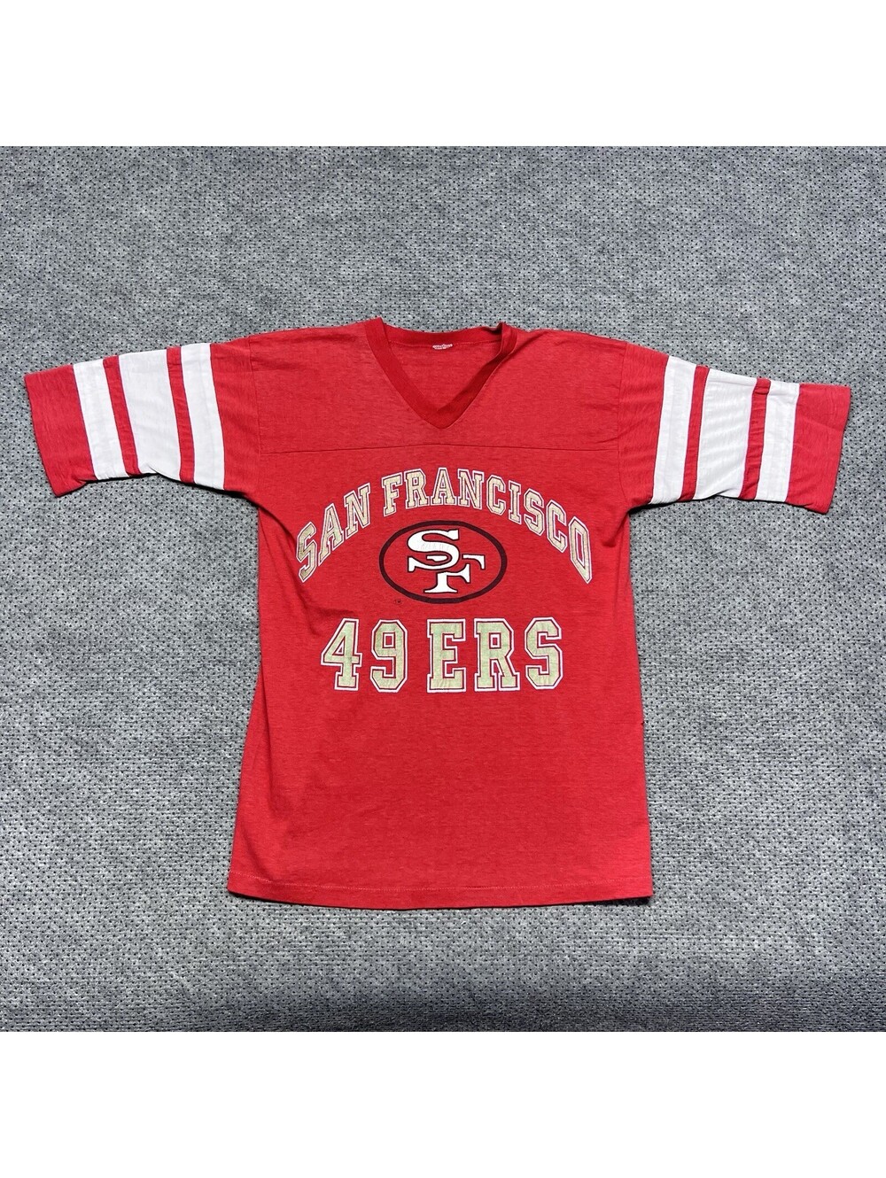 Vintage 80s Logo 7 San Francisco 49Ers Jersey Style T-Shirt Medium RARE MENS RED